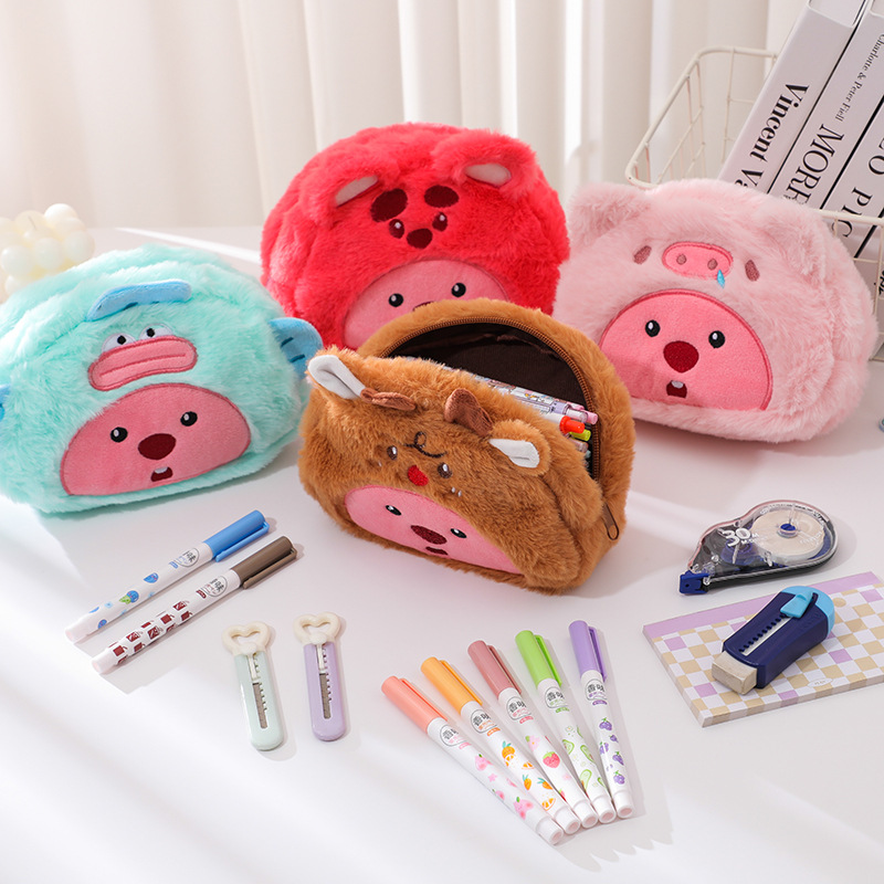 Case With Pencil Holder - Cartoon Plush Pencil Bag Student Kawaii