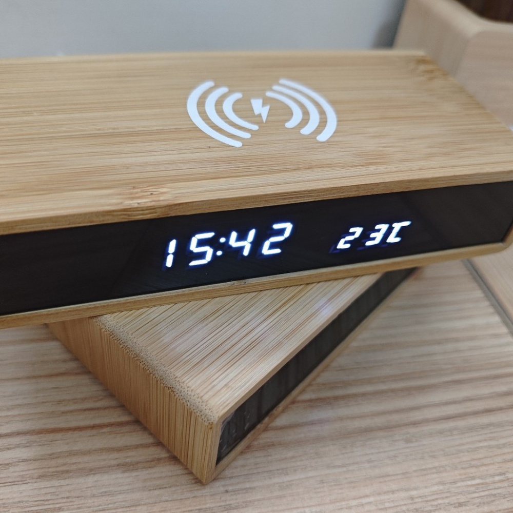 Office Table Accessories Unique - Multifunctional Bamboo Digital Clock Wireless Charger